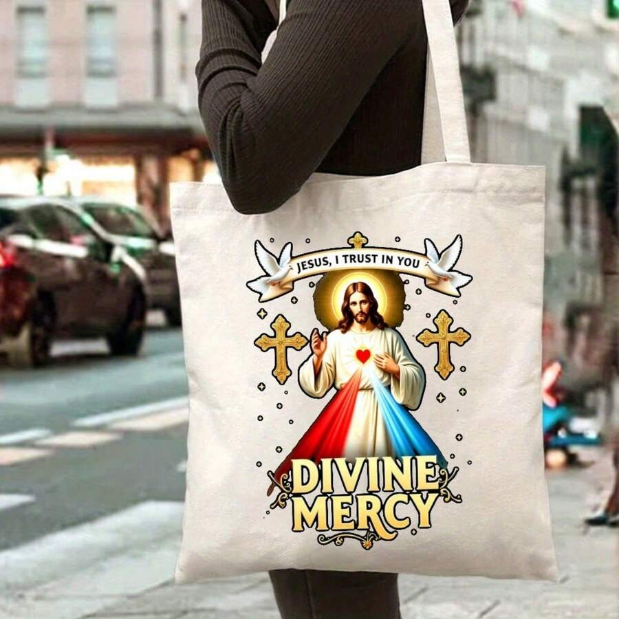 White Tote Bag Featuring A Divine Mercy Print Of, Designed With The Phrase ', I Trust In You' For Church Activities, Everyday Use, Shopping, And As A Gift