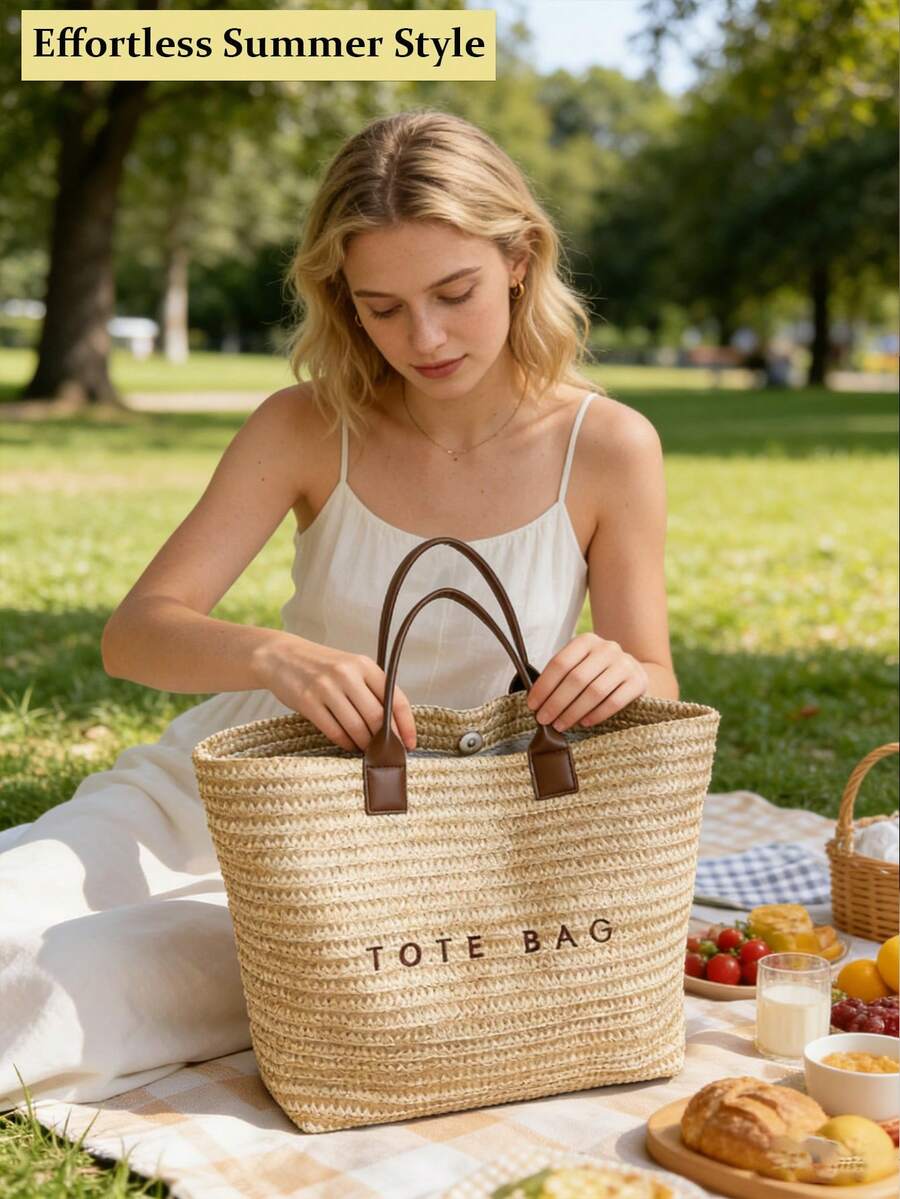 Summer Large Capacity Letter Decor Straw Beach Bag For Women Casual Woven Shoulder Handbag Tote Beach Brown Purse For Travel Vacation Birthday Gift