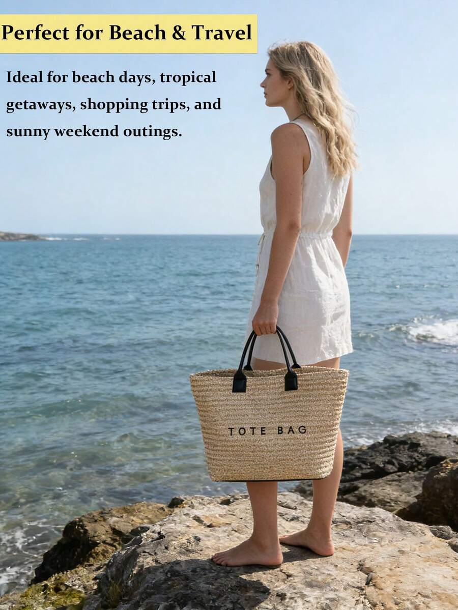 Summer Large Capacity Letter Decor Straw Beach Bag For Women Casual Woven Shoulder Handbag Tote Beach Brown Purse For Travel Vacation Birthday Gift