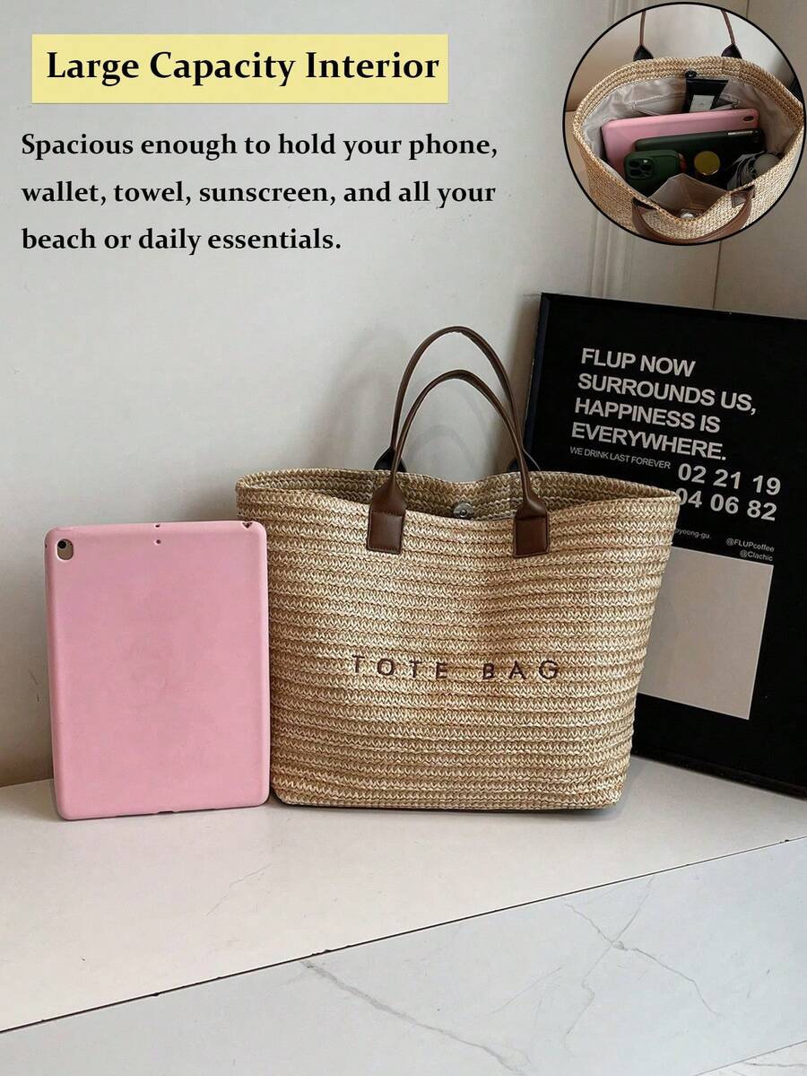 Summer Large Capacity Letter Decor Straw Beach Bag For Women Casual Woven Shoulder Handbag Tote Beach Brown Purse For Travel Vacation Birthday Gift