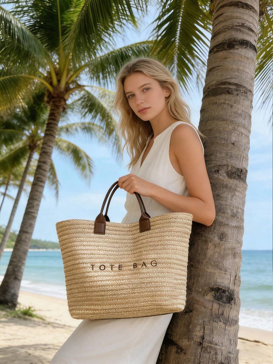 Summer Large Capacity Letter Decor Straw Beach Bag For Women Casual Woven Shoulder Handbag Tote Beach Brown Purse For Travel Vacation Birthday Gift