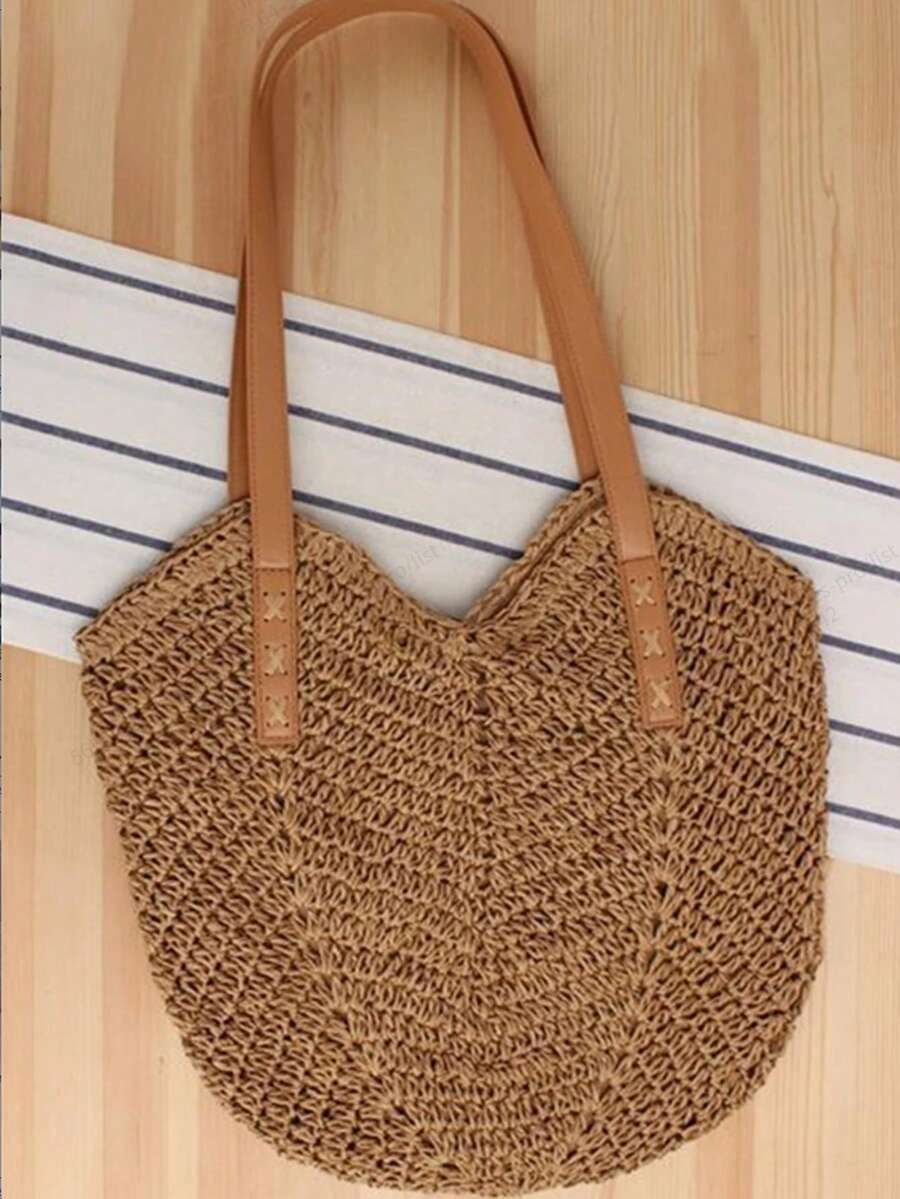 Large Capacity Woven Bag For Women,Handheld Shoulder Straw Tote Bag,Bag,Summer Woven Bag,Solid Color,1pc,Suitable For Gifts,Handmade Crochet Medium-Sized Women's Bag,Beach Essentials Women Bags For Va