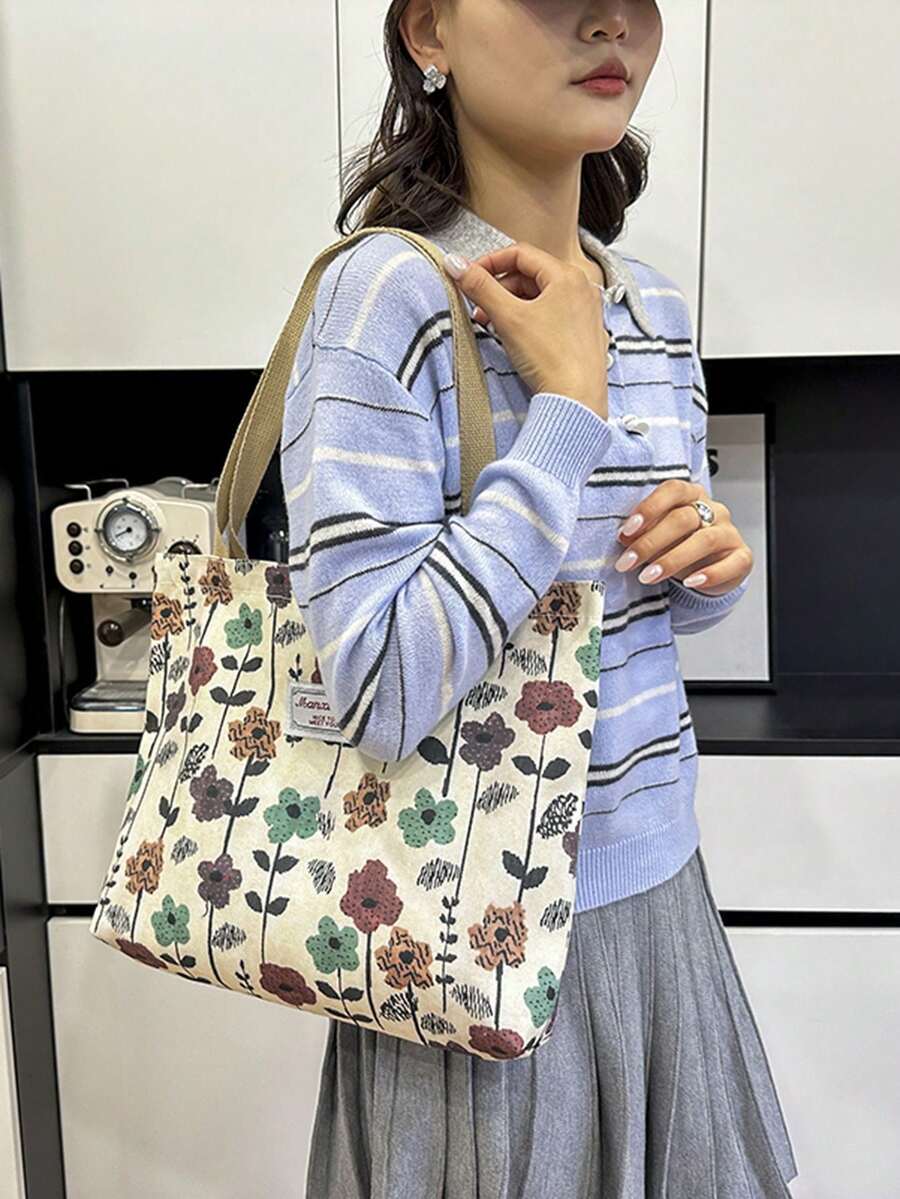 Large Capacity Niche Shoulder Bag Women's New Style Ins Canvas Tote Bag Handbag For School And Commuting, Canvas Printed Material