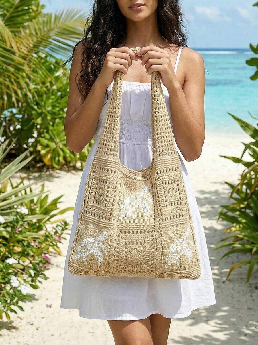 Hollow Woven Straw Bag, Bohemian Style Beach Handbag, Hollow Tote Bag, Large Capacity Shopping Beach Bag, Fashion Hollow Woven Straw Bag
