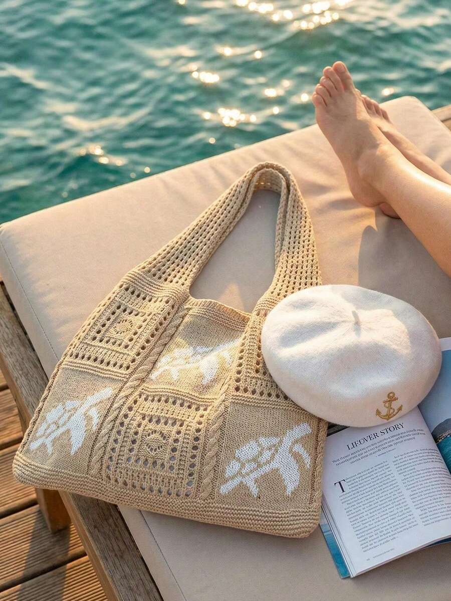 Hollow Woven Straw Bag, Bohemian Style Beach Handbag, Hollow Tote Bag, Large Capacity Shopping Beach Bag, Fashion Hollow Woven Straw Bag