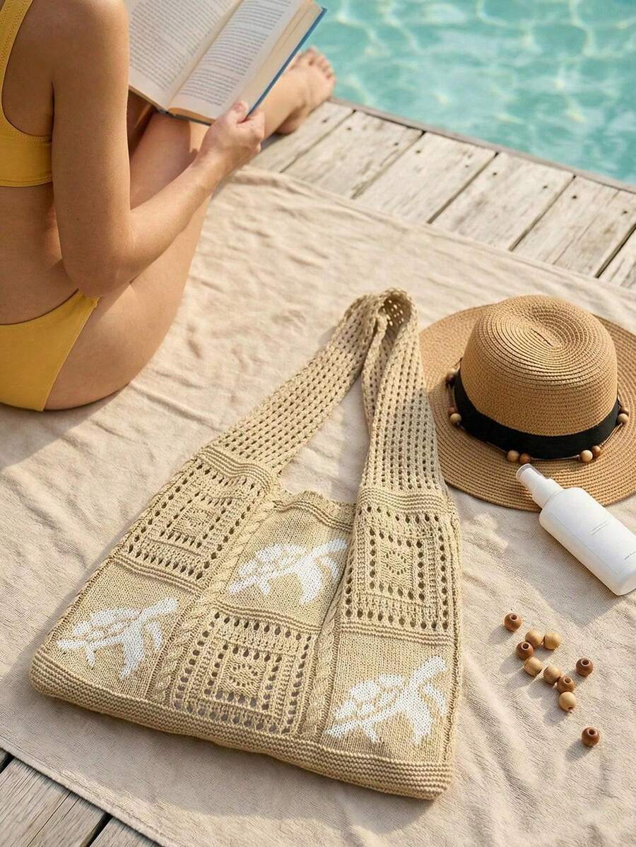 Hollow Woven Straw Bag, Bohemian Style Beach Handbag, Hollow Tote Bag, Large Capacity Shopping Beach Bag, Fashion Hollow Woven Straw Bag