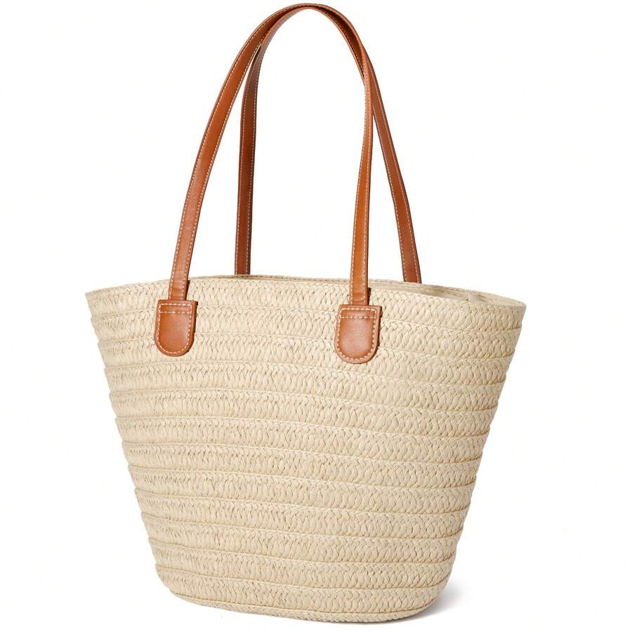 Straw Beach Bags For Women, Women Beach Handmade Woven Tote Bag, Summer Mesh Hollow Shoulder Bag For Holiday, Perfect For Beach, Commuting