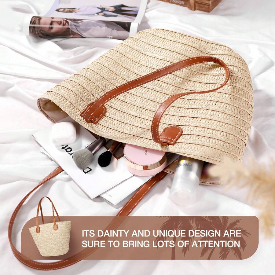 Straw Beach Bags For Women, Women Beach Handmade Woven Tote Bag, Summer Mesh Hollow Shoulder Bag For Holiday, Perfect For Beach, Commuting