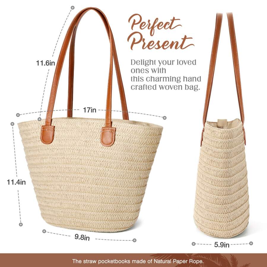 Straw Beach Bags For Women, Women Beach Handmade Woven Tote Bag, Summer Mesh Hollow Shoulder Bag For Holiday, Perfect For Beach, Commuting