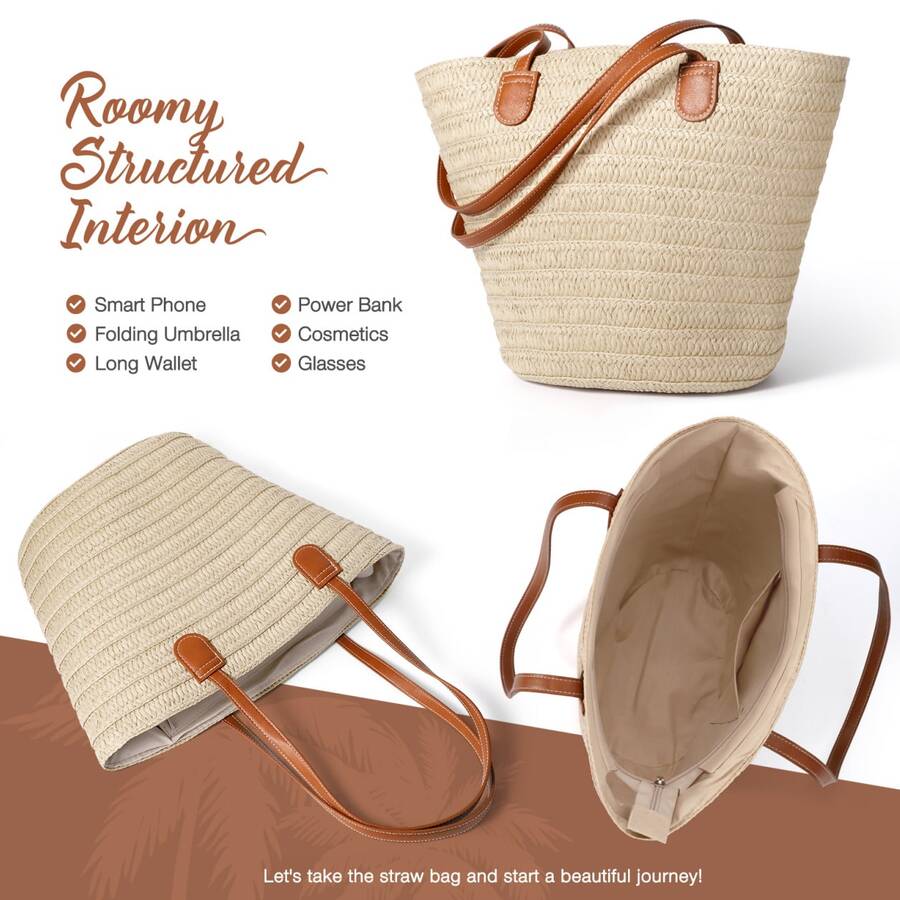 Straw Beach Bags For Women, Women Beach Handmade Woven Tote Bag, Summer Mesh Hollow Shoulder Bag For Holiday, Perfect For Beach, Commuting