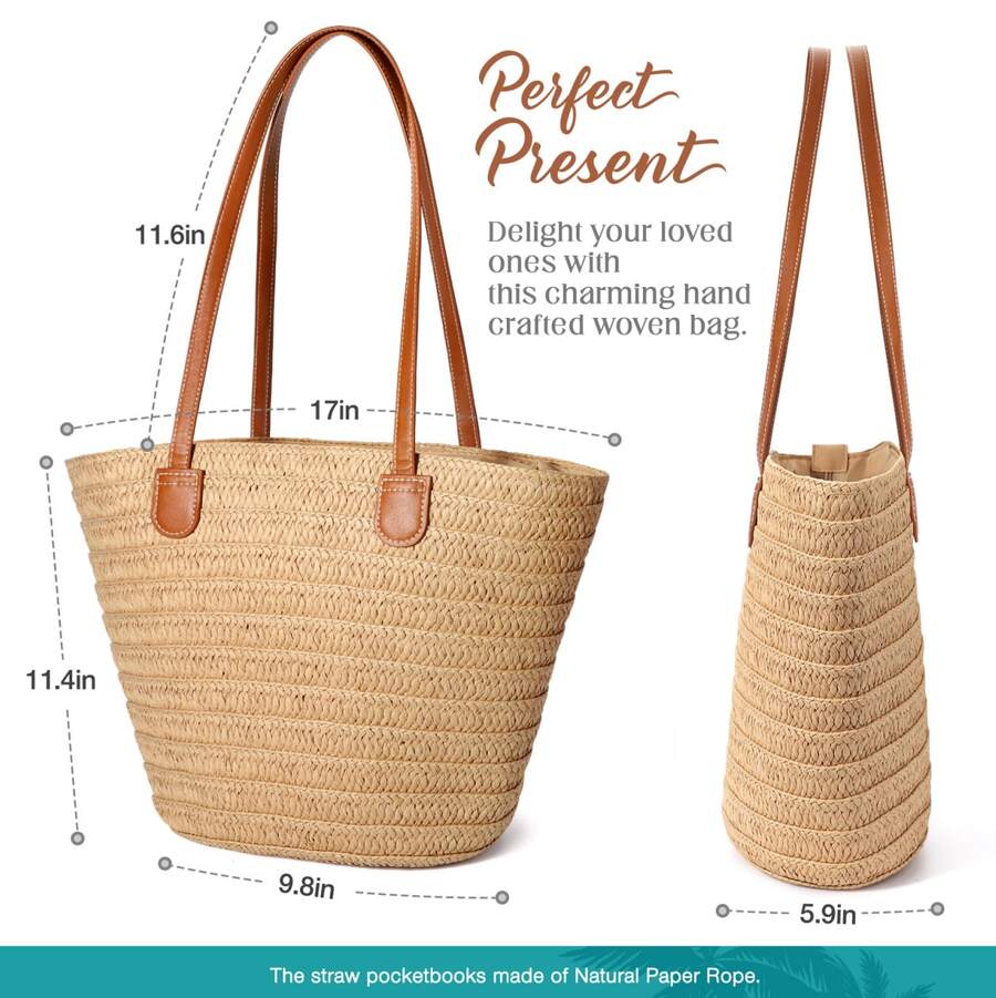 Woven Tote Bag For Women Summer Straw Beach Bag Shoulder Handbags Boho Bag Pool Bag, Beach Essentials Women Bags For Vacation & Holiday