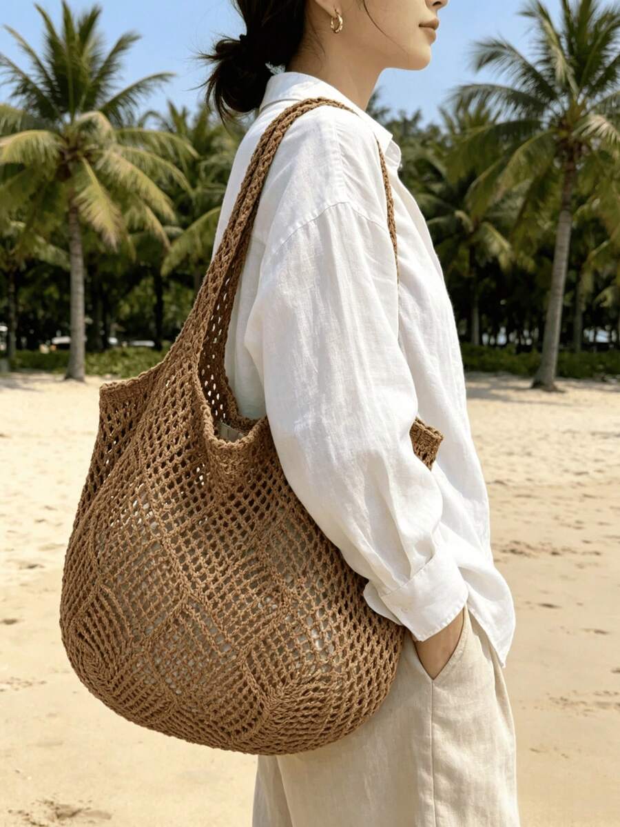 Women's Spring Beach Bag, Crochet Bag, Large Capacity Fashion Tote Bag, Shoulder Bag, Travel Essential, Suitable For Students And Business Women