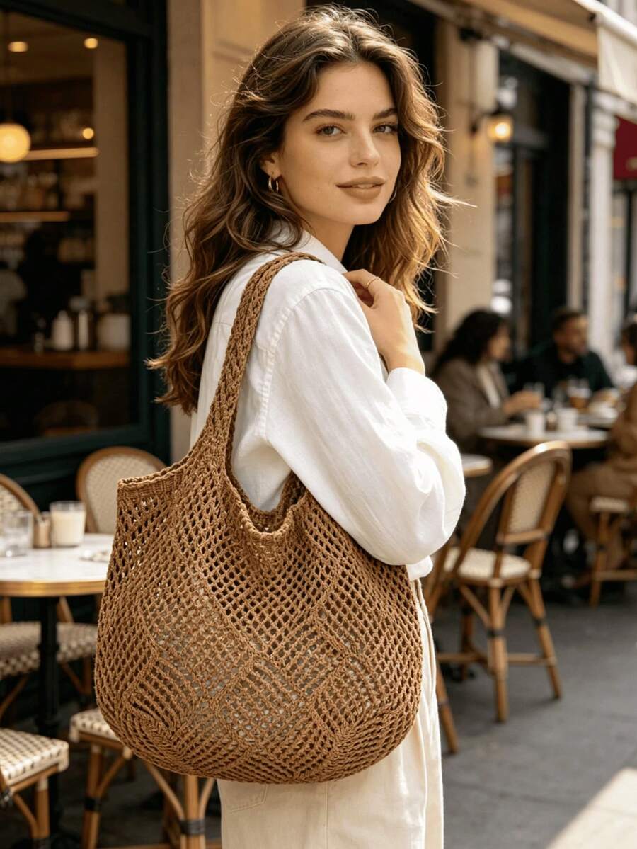 Women's Spring Beach Bag, Crochet Bag, Large Capacity Fashion Tote Bag, Shoulder Bag, Travel Essential, Suitable For Students And Business Women