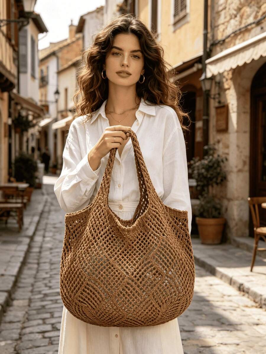 Women's Spring Beach Bag, Crochet Bag, Large Capacity Fashion Tote Bag, Shoulder Bag, Travel Essential, Suitable For Students And Business Women