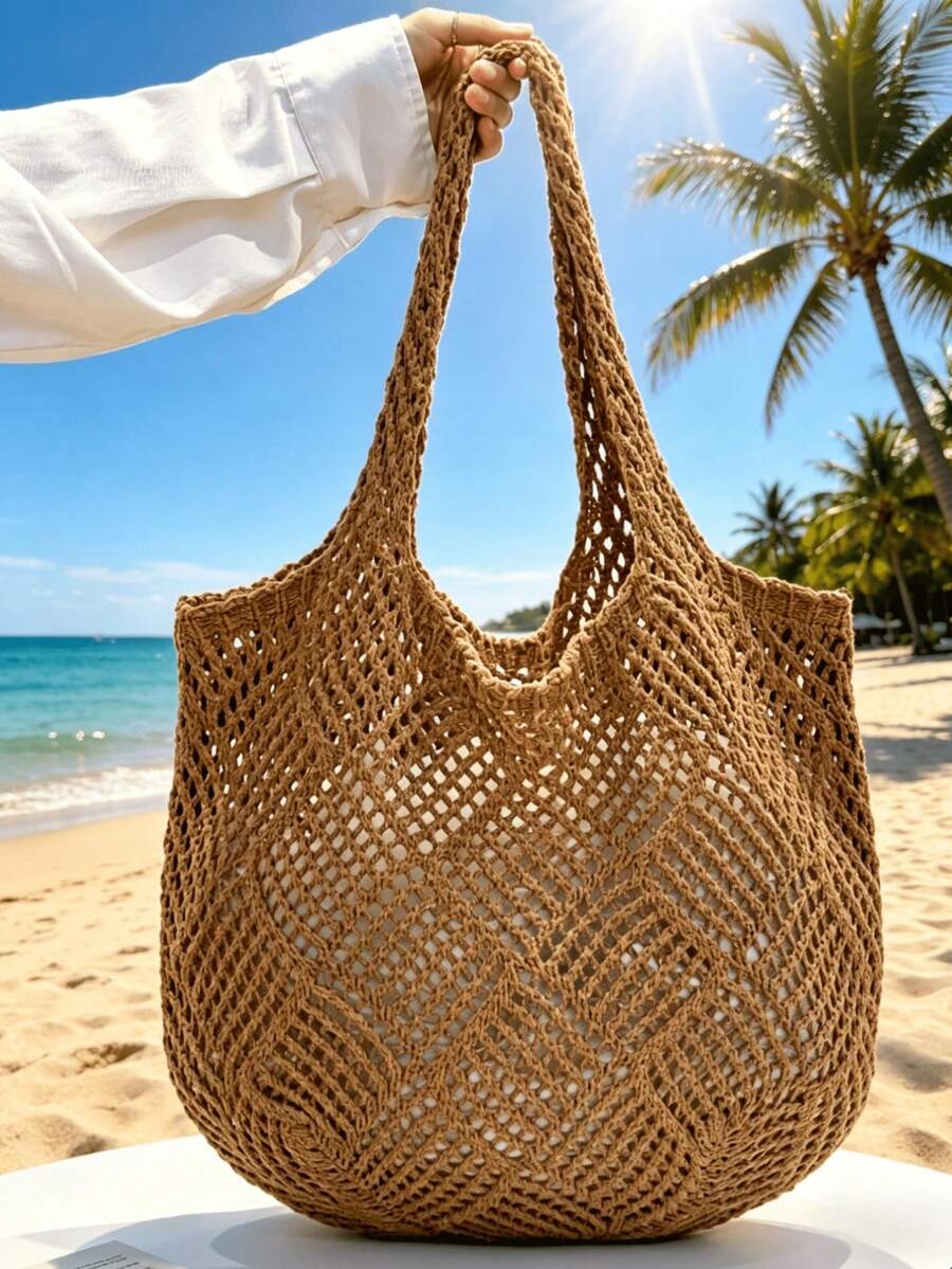 Women's Spring Beach Bag, Crochet Bag, Large Capacity Fashion Tote Bag, Shoulder Bag, Travel Essential, Suitable For Students And Business Women