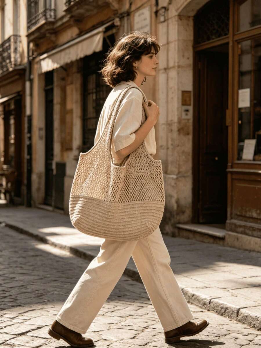 Women's Spring Beach Bag, Crochet Bag, Large Capacity Fashion Tote Bag, Shoulder Bag, Travel Essential, Suitable For Students And Business Women, Boho Chic