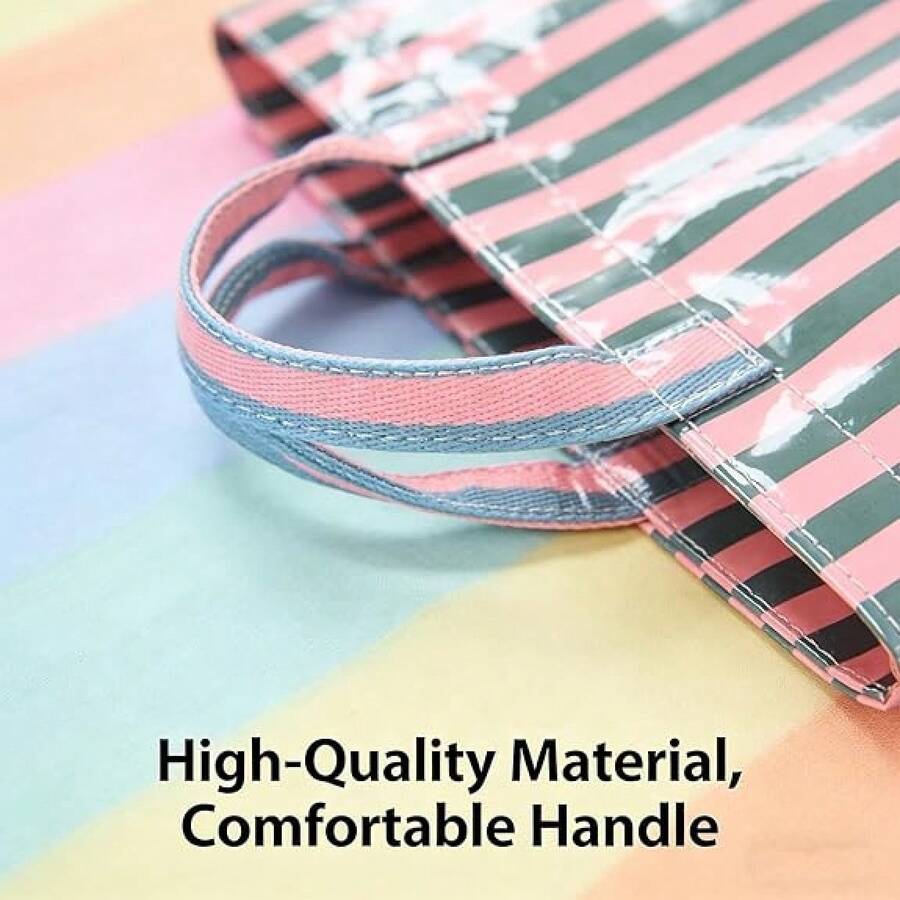 Large Striped PVC Tote Bag Glossy Waterproof Top Handle Handbag Fits 13 Inch Laptop Beach Travel Work
