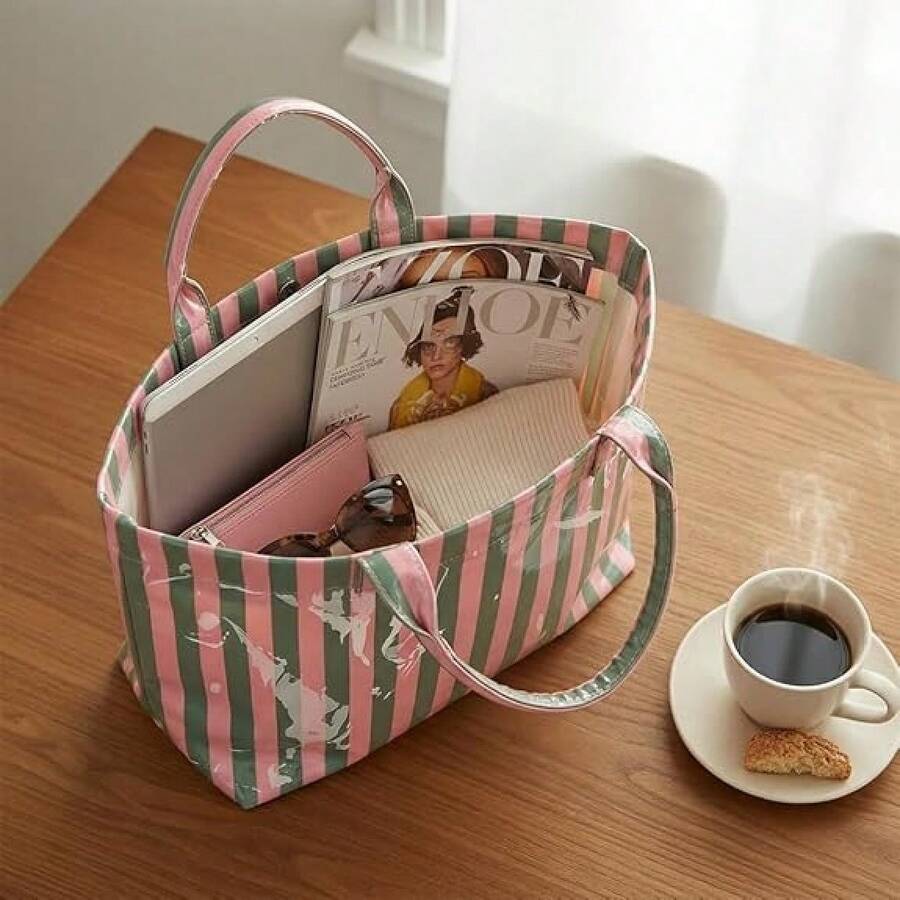 Large Striped PVC Tote Bag Glossy Waterproof Top Handle Handbag Fits 13 Inch Laptop Beach Travel Work