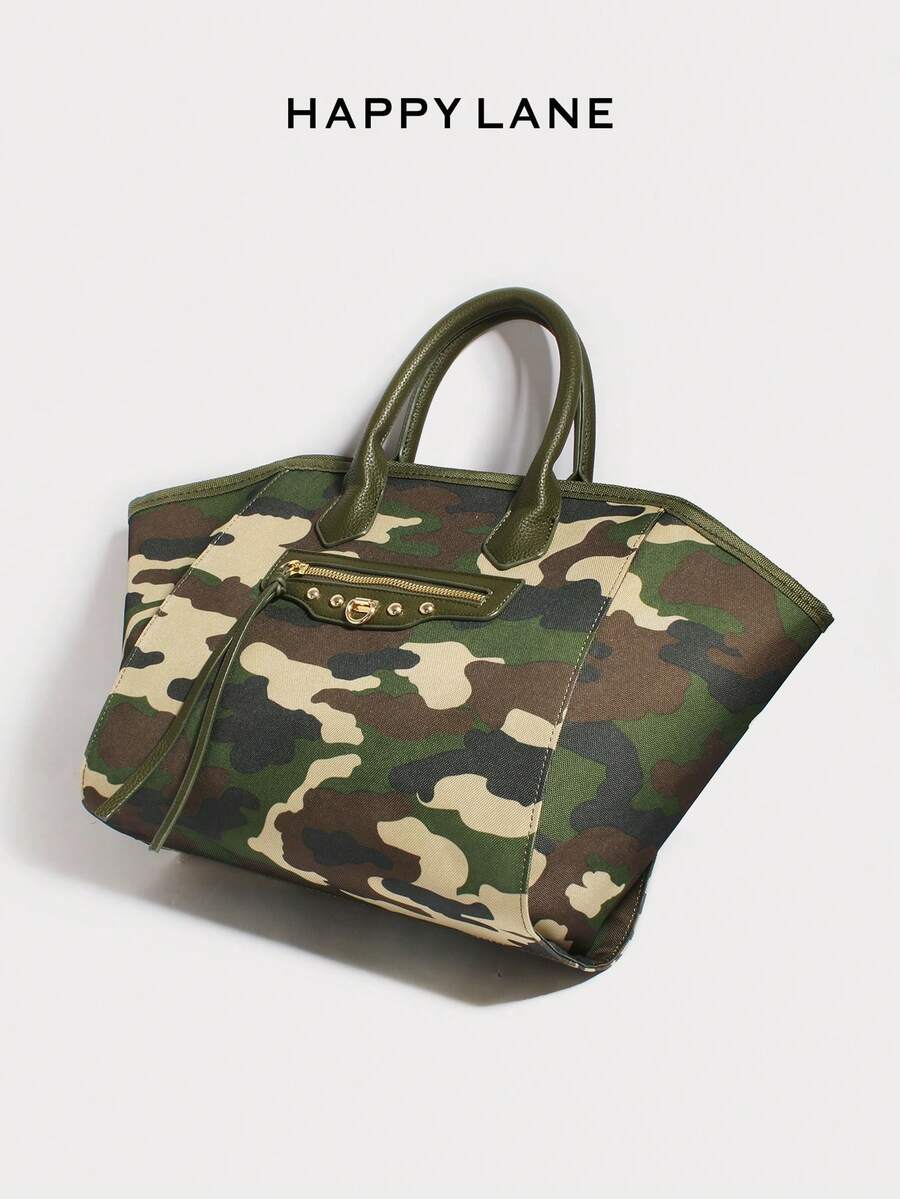 HAPPY LANE Camouflage Canvas Tote. Motorcycle Style, Leather Trim, Metal Zipper & Rivets. Versatile Tote/Crossbody. High-End Cool Everyday Bag