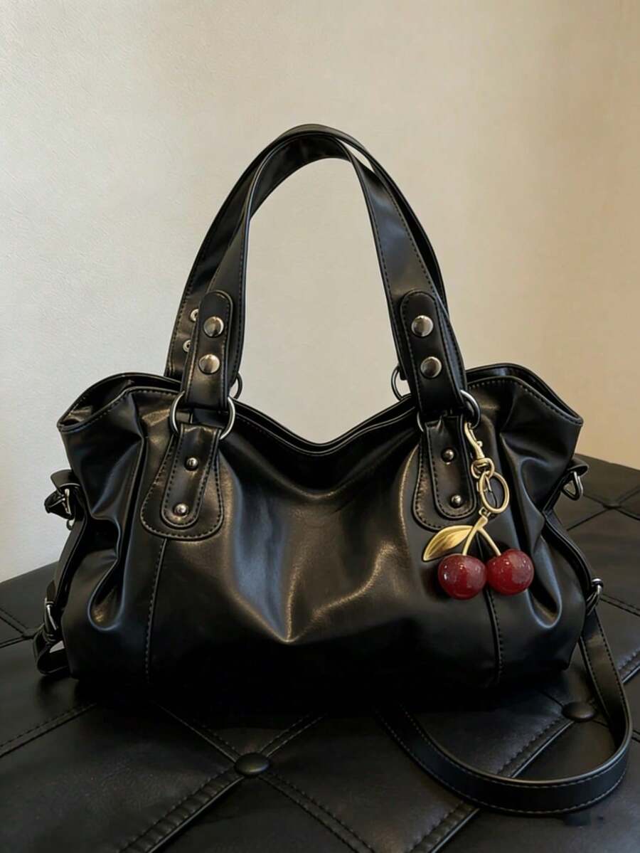 Women's Vintage PU Shoulder Bag, Large Capacity Handbag With Zipper, Dual Handles And Cherry Pendant, Office For Shopping, Travel And Daily Use.Black