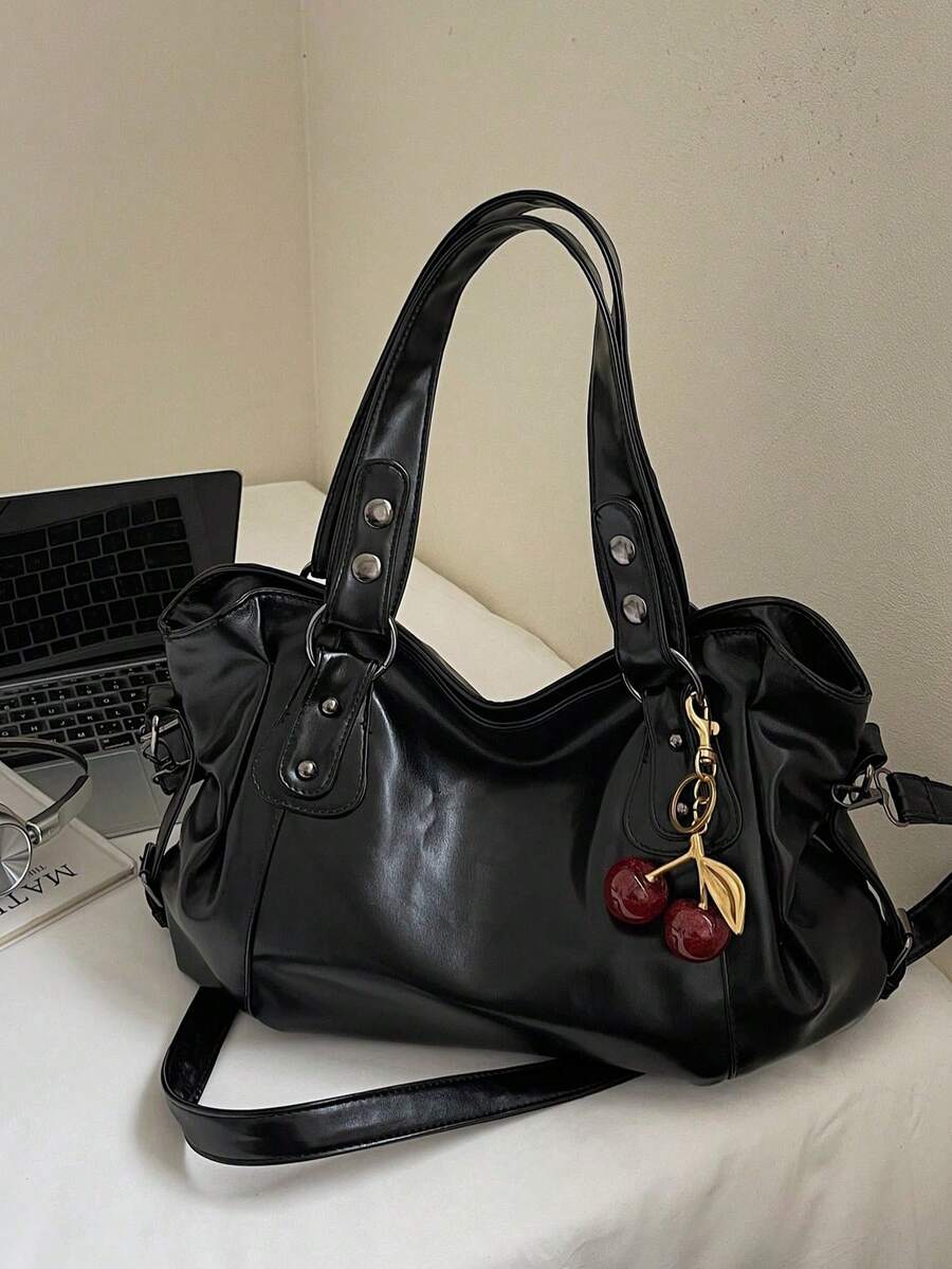 Women's Vintage PU Shoulder Bag, Large Capacity Handbag With Zipper, Dual Handles And Cherry Pendant, Office For Shopping, Travel And Daily Use.Black