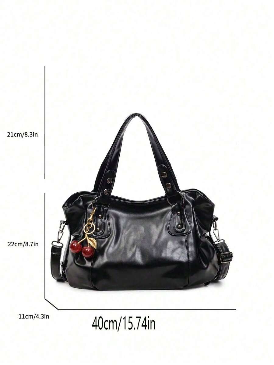 Women's Vintage PU Shoulder Bag, Large Capacity Handbag With Zipper, Dual Handles And Cherry Pendant, Office For Shopping, Travel And Daily Use.Black