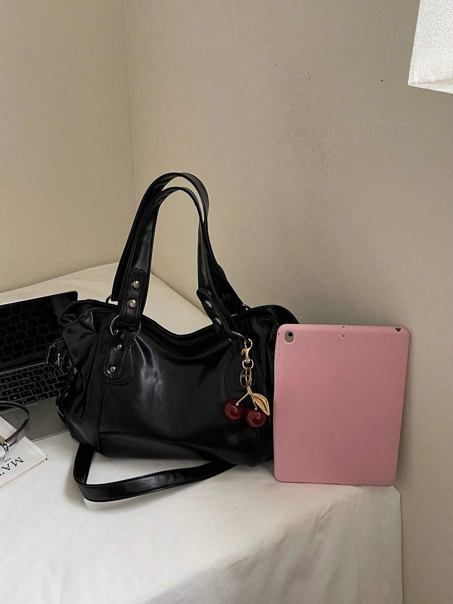 Women's Vintage PU Shoulder Bag, Large Capacity Handbag With Zipper, Dual Handles And Cherry Pendant, Office For Shopping, Travel And Daily Use.Black