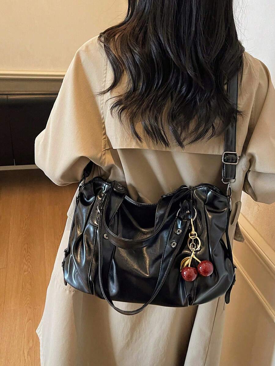 Women's Vintage PU Shoulder Bag, Large Capacity Handbag With Zipper, Dual Handles And Cherry Pendant, Office For Shopping, Travel And Daily Use.Black