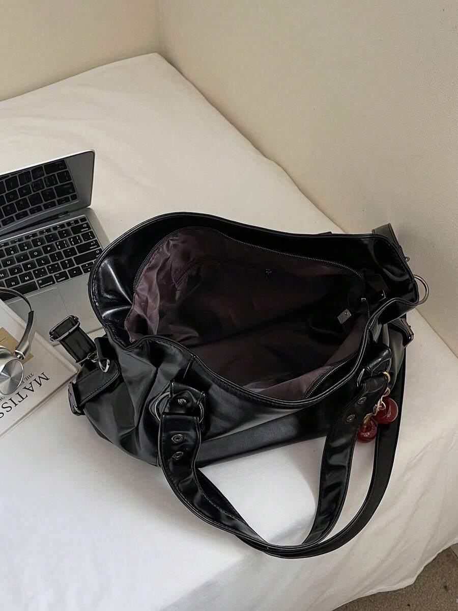 Women's Vintage PU Shoulder Bag, Large Capacity Handbag With Zipper, Dual Handles And Cherry Pendant, Office For Shopping, Travel And Daily Use.Black