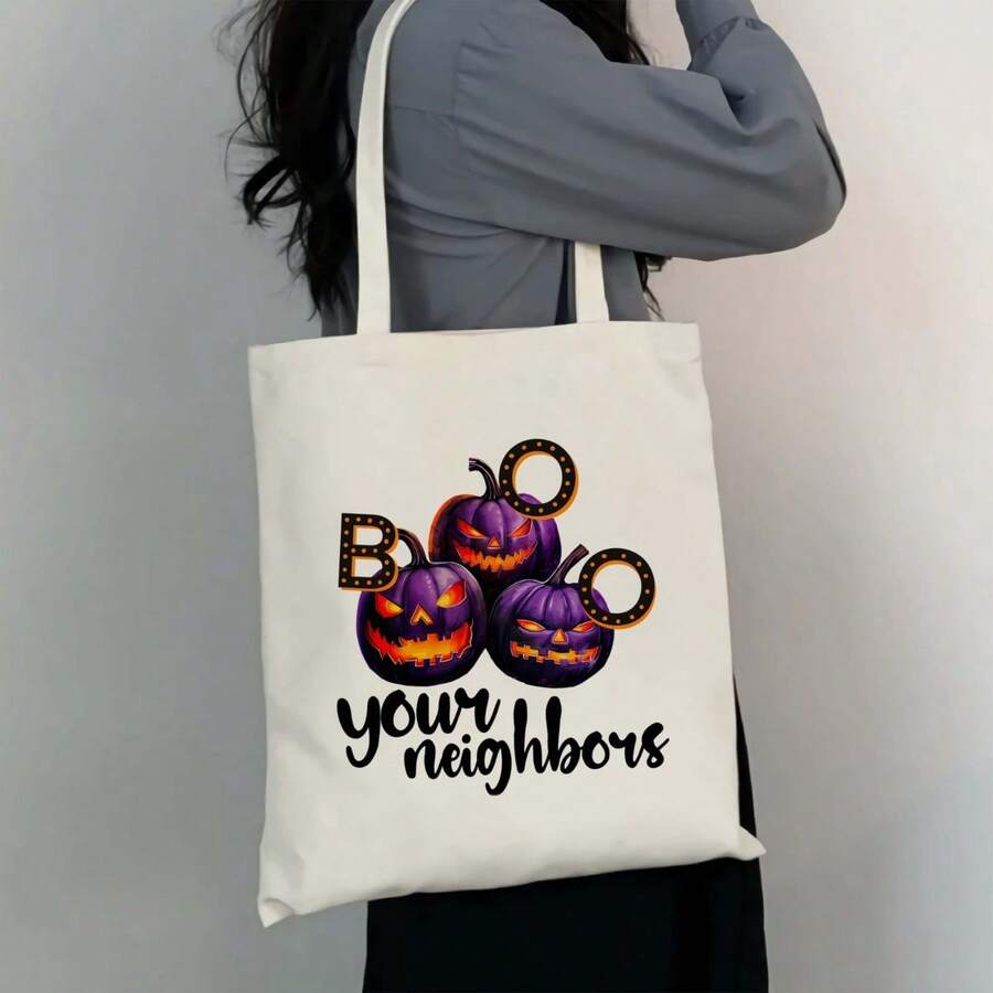 Women'S Halloween Tote Bag- Large Capacity Durable Shopping Bag Featuring A Spooky Pumpkin Design And The Word 'BOO'- Fade-Resistant And Machine Washable- Perfect For Halloween Parties, Travel, And