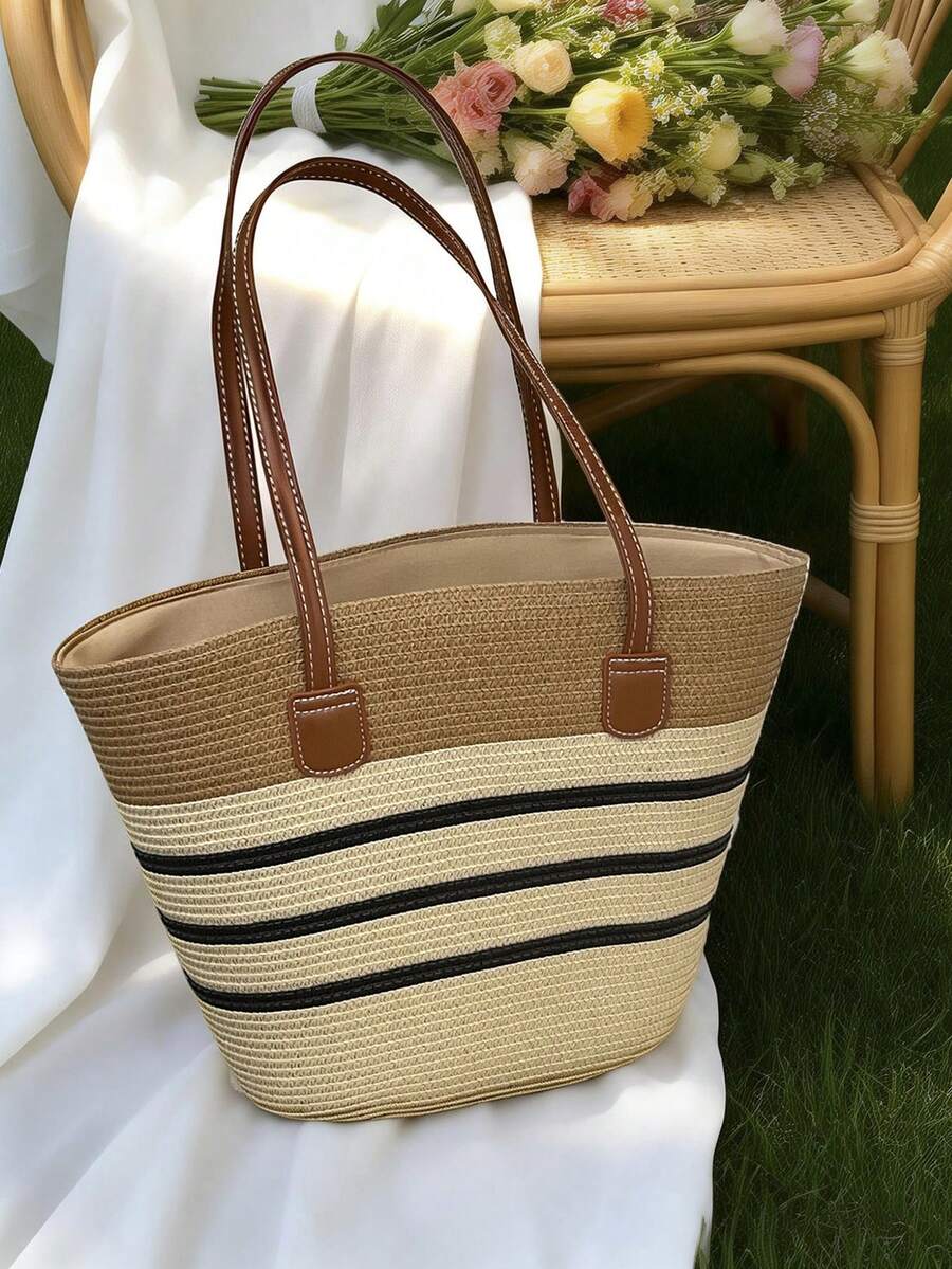 Large Straw Tote Bag, New Fashion Minimalist Big Capacity Shoulder Bag, Versatile Outdoor Shopping Beach Vacation Straw Woven Tote Bag, Striped Woven Handbag