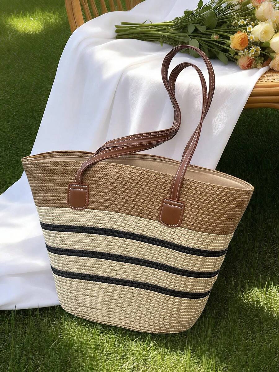 Large Straw Tote Bag, New Fashion Minimalist Big Capacity Shoulder Bag, Versatile Outdoor Shopping Beach Vacation Straw Woven Tote Bag, Striped Woven Handbag