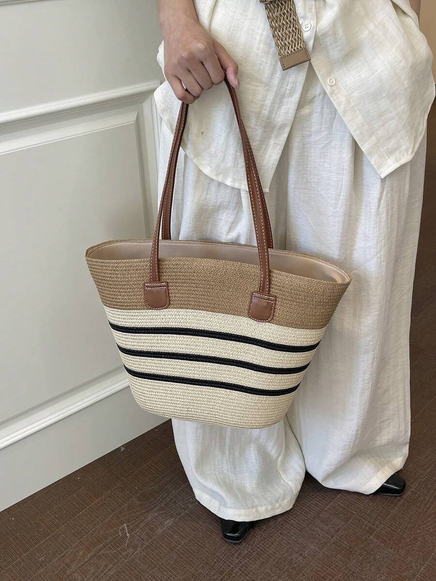 Large Straw Tote Bag, New Fashion Minimalist Big Capacity Shoulder Bag, Versatile Outdoor Shopping Beach Vacation Straw Woven Tote Bag, Striped Woven Handbag