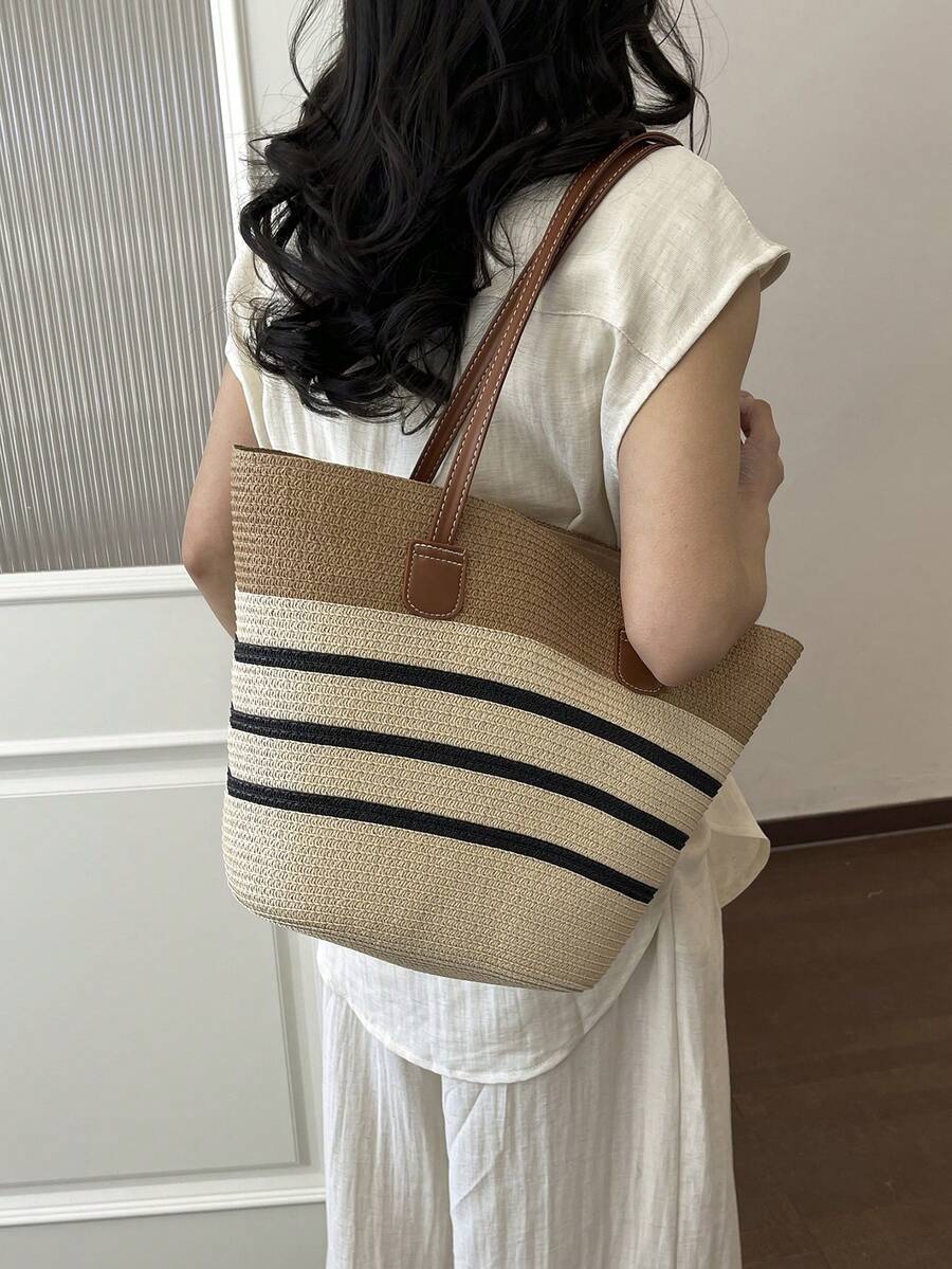 Large Straw Tote Bag, New Fashion Minimalist Big Capacity Shoulder Bag, Versatile Outdoor Shopping Beach Vacation Straw Woven Tote Bag, Striped Woven Handbag