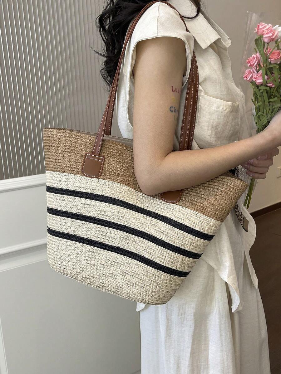 Large Straw Tote Bag, New Fashion Minimalist Big Capacity Shoulder Bag, Versatile Outdoor Shopping Beach Vacation Straw Woven Tote Bag, Striped Woven Handbag
