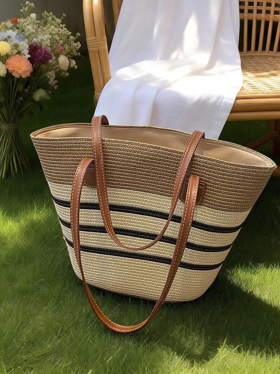 Large Straw Tote Bag, New Fashion Minimalist Big Capacity Shoulder Bag, Versatile Outdoor Shopping Beach Vacation Straw Woven Tote Bag, Striped Woven Handbag