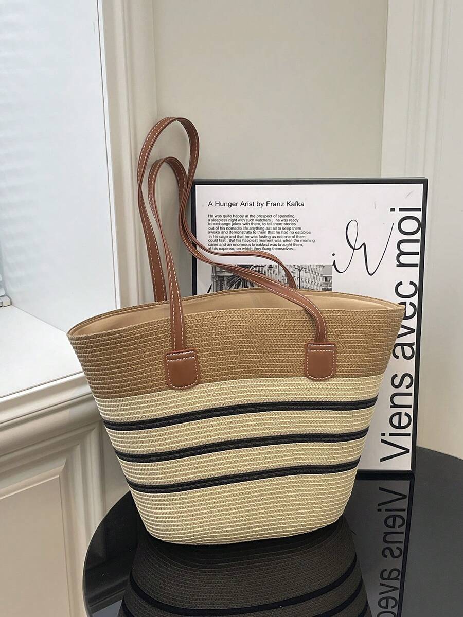 Large Straw Tote Bag, New Fashion Minimalist Big Capacity Shoulder Bag, Versatile Outdoor Shopping Beach Vacation Straw Woven Tote Bag, Striped Woven Handbag