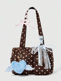 ROMWE Anime Y2K Millennial Retro Polka Dot Printed Brown Tote Bag With Plush Lov