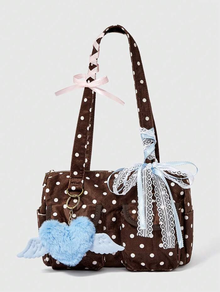 ROMWE Anime Y2K Millennial Retro Polka Dot Printed Brown Tote Bag With Plush Lov