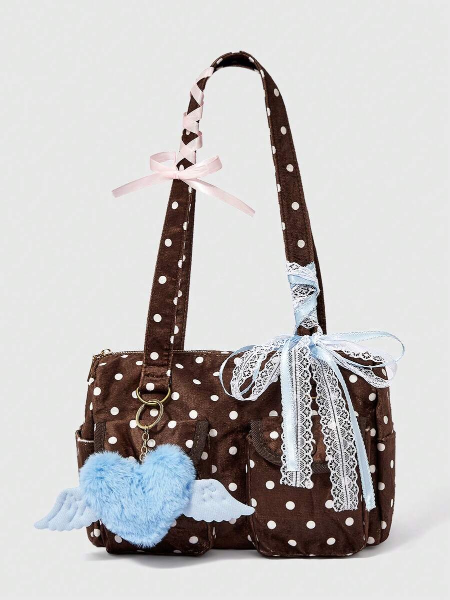 ROMWE Anime 1Pc Pink Y2k Cute College Polka Dot Printing Pattern With Wings Shiny Bow Mobile Phone Card Cover Pendant Decorative Design Multi-Functional Multi-Pocket Shoulder Tote Bag, Fashionable And