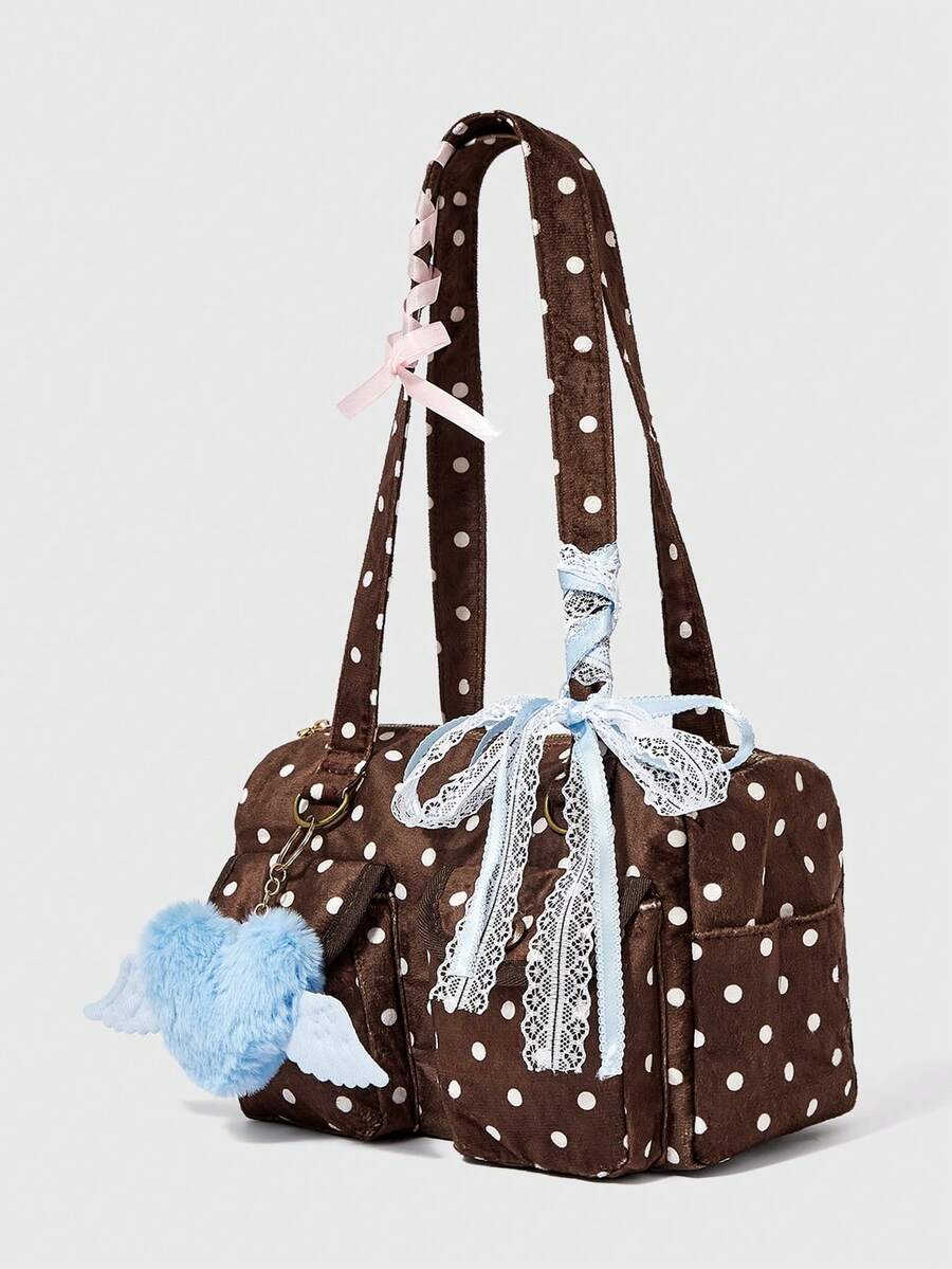 ROMWE Anime Y2K Millennial Retro Polka Dot Printed Brown Tote Bag With Plush Love Lace Pendant, Fashionable Women's Shoulder Bag, Suitable For Daily And Commuting