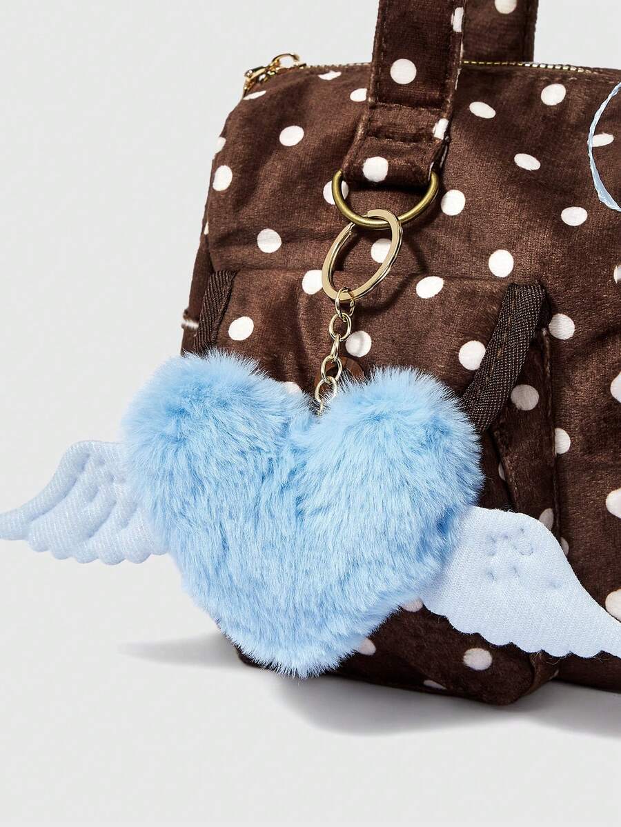 ROMWE Anime 1Pc Pink Y2k Cute College Polka Dot Printing Pattern With Wings Shiny Bow Mobile Phone Card Cover Pendant Decorative Design Multi-Functional Multi-Pocket Shoulder Tote Bag, Fashionable And