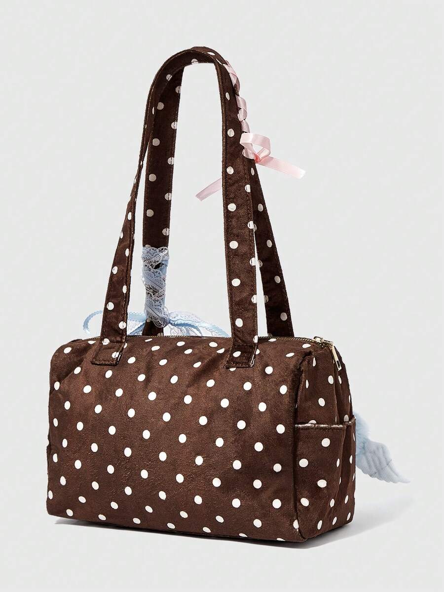 ROMWE Anime Y2K Millennial Retro Polka Dot Printed Brown Tote Bag With Plush Love Lace Pendant, Fashionable Women's Shoulder Bag, Suitable For Daily And Commuting