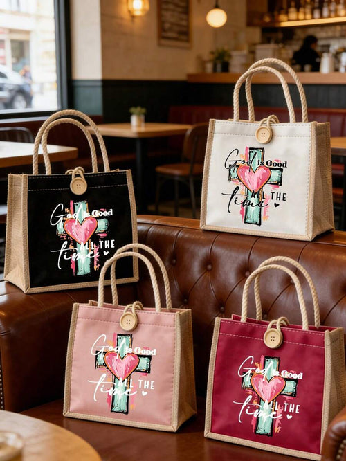 "God's Moment Of Kindness" Tote Bag, Canvas Tote Bag With Cross And Heart Print, Woven Handle, Faith-Inspired Reusable Tote Bag, Suitable For Church, Daily Use And Gifts, Available In 4 Colors (Black