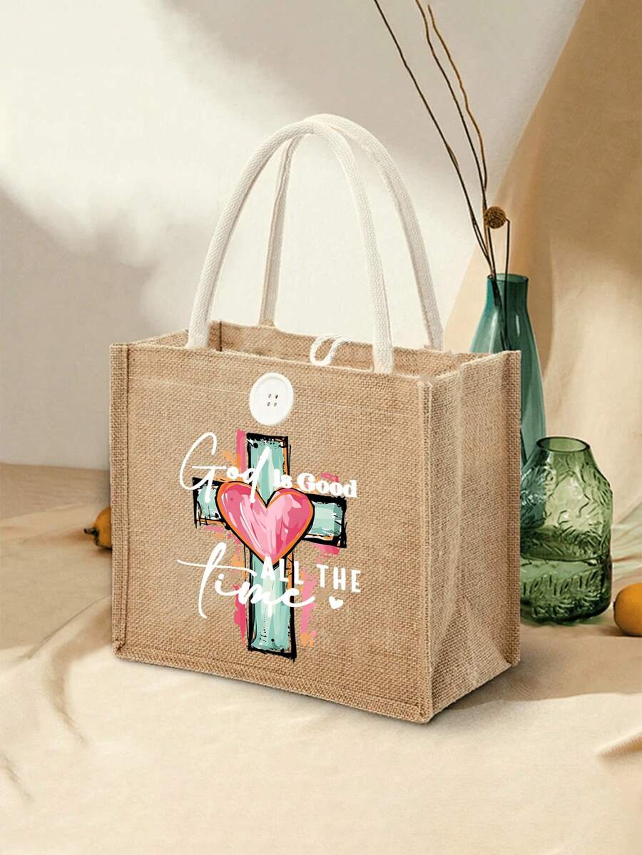"God's Moment Of Kindness" Tote Bag, Canvas Tote Bag With Cross And Heart Print, Woven Handle, Faith-Inspired Reusable Tote Bag, Suitable For Church, Daily Use And Gifts, Available In 4 Colors (Black