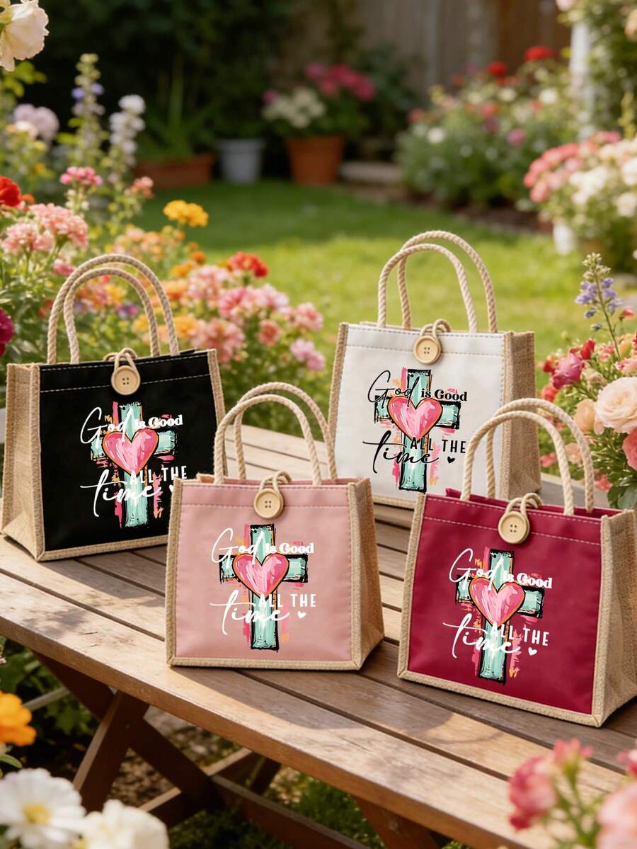"God's Moment Of Kindness" Tote Bag, Canvas Tote Bag With Cross And Heart Print, Woven Handle, Faith-Inspired Reusable Tote Bag, Suitable For Church, Daily Use And Gifts, Available In 4 Colors (Black