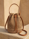 Swim Chiccia Women's Holiday Bohemian Style Drawstring Straw Bucket Tote Shoulde