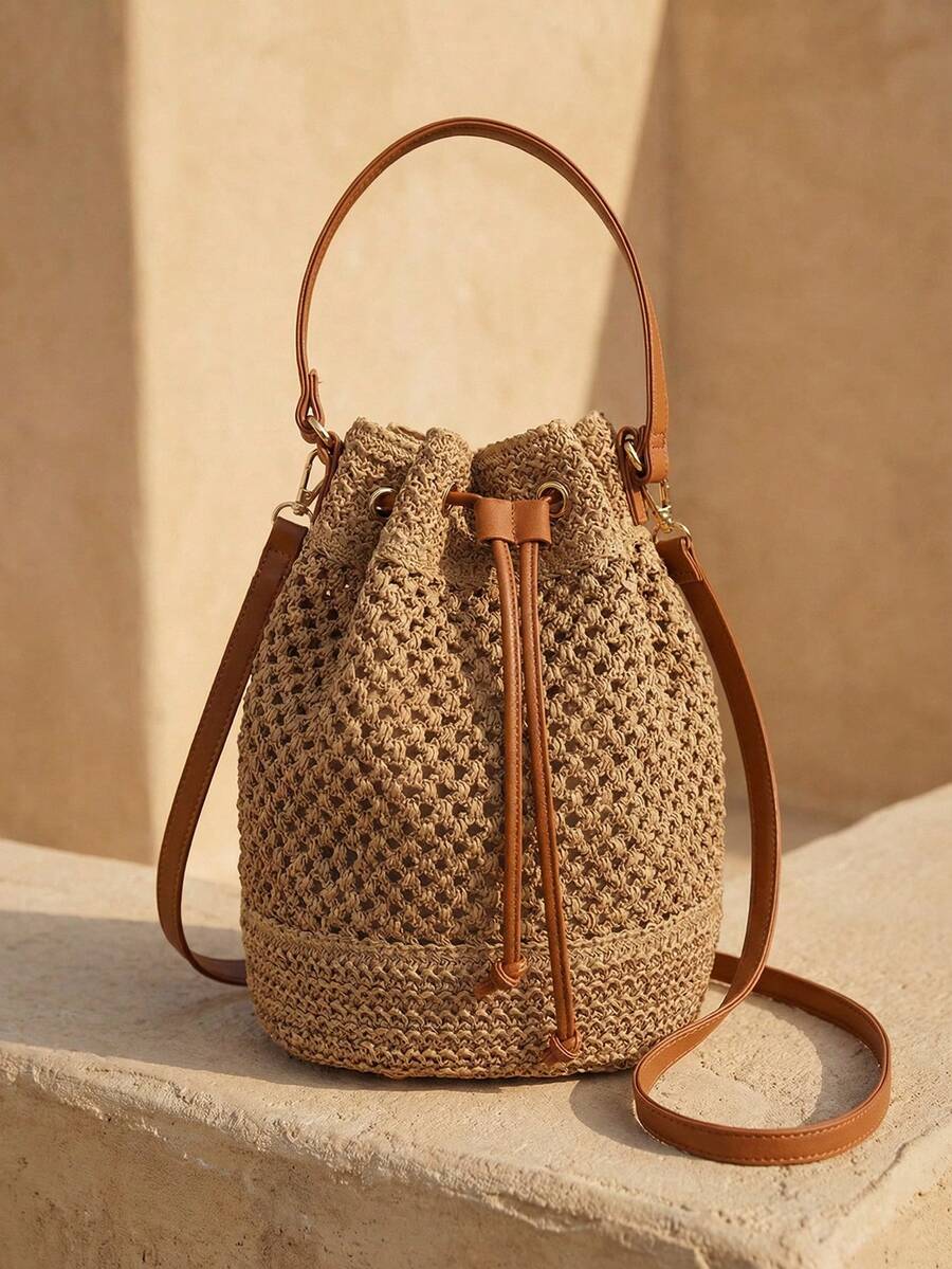Swim Chiccia Women's Holiday Bohemian Style Drawstring Straw Bucket Tote Shoulder Bag, Beach Necessities,Beach Essentials,Beach Stuff & Summer Essentials, Boho