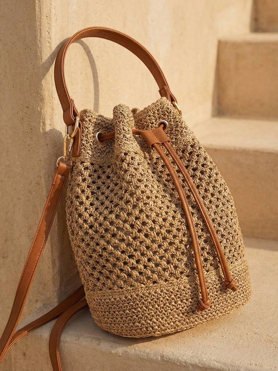 Swim Chiccia Women's Holiday Bohemian Style Drawstring Straw Bucket Tote Shoulder Bag, Beach Necessities,Beach Essentials,Beach Stuff & Summer Essentials, Boho