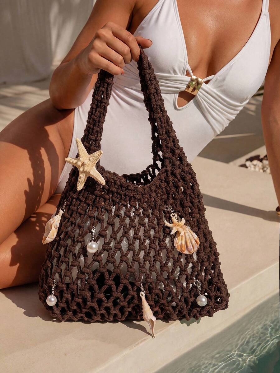 Swim Chiccia 1pc Polyester Mesh Bottom Multicolor Solid Crochet Woven Tote Bag, Rhombus Pattern, Lightweight Portable Large Capacity Cute Japanese Style Fashion Summer Beach Bag For Women